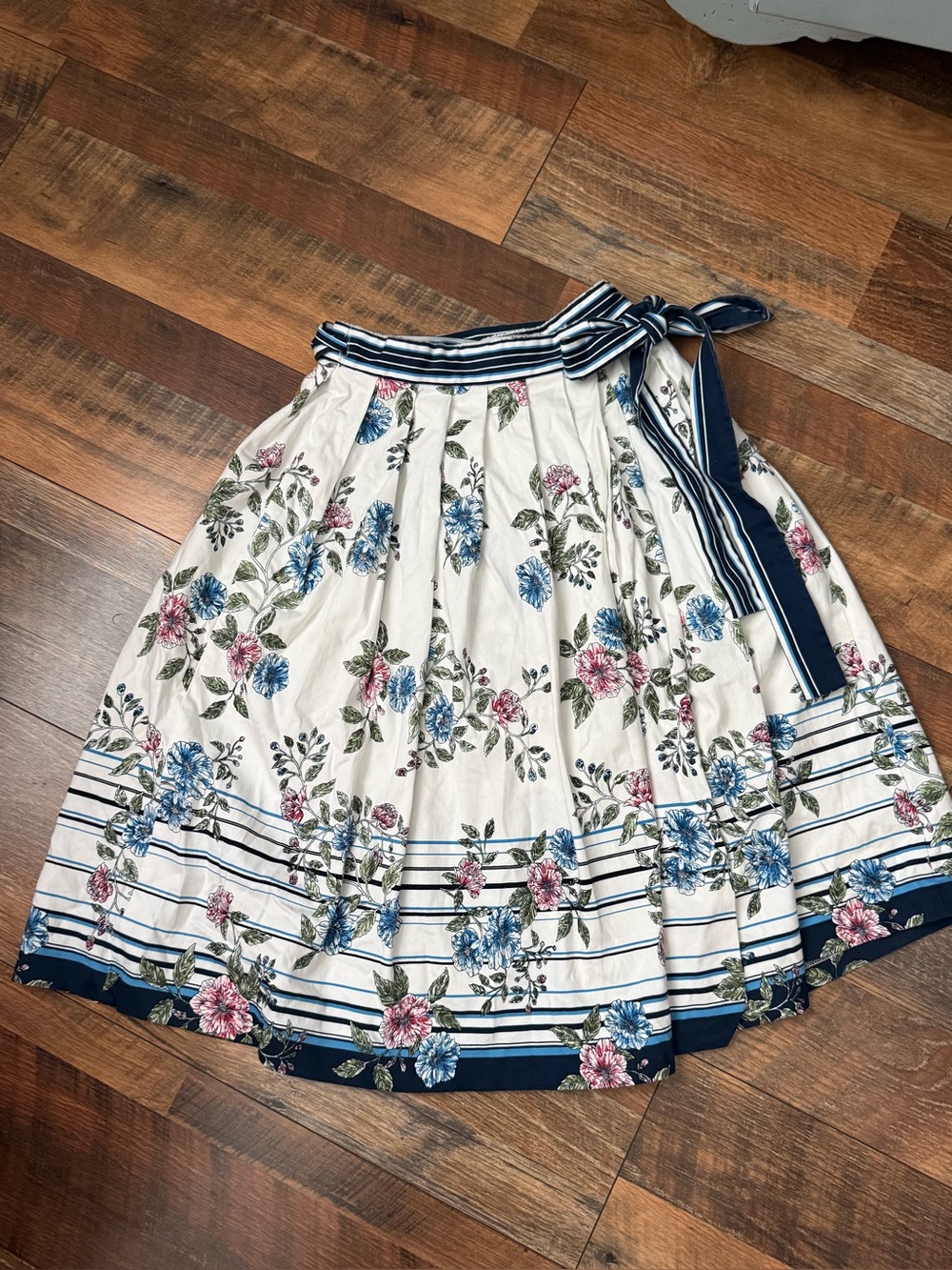 Floral Stripe Midi Wrap Skirt in Cream with Blue and Pink Flowers